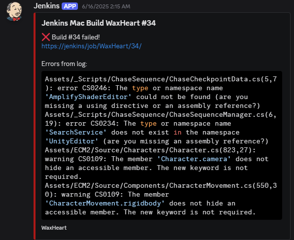 Waxheart Jenkins Discord bot error reporting